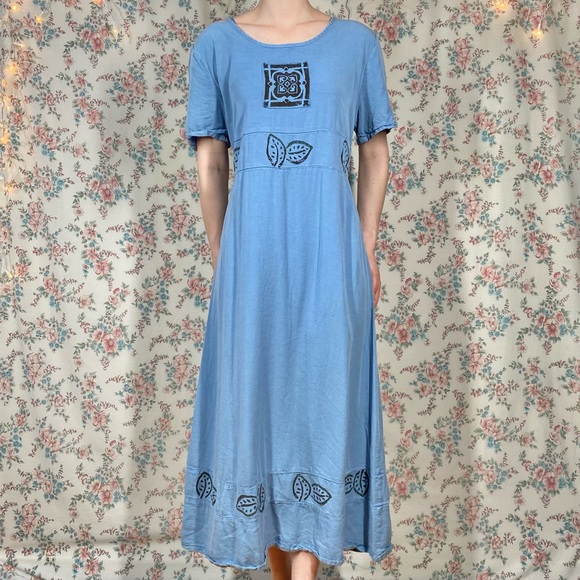 90s block printed blue dress by froxx leaf print large - Picture 3 of 8